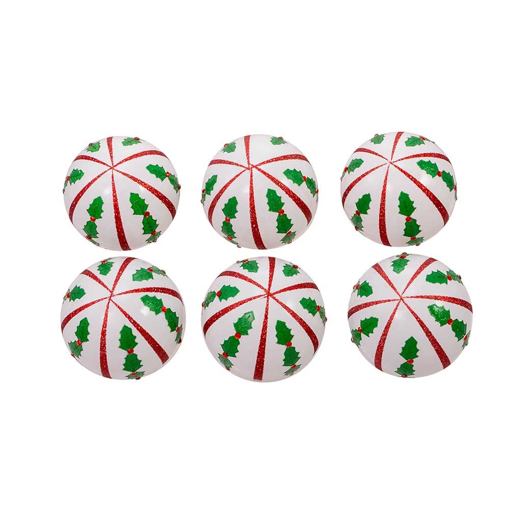 Kurt Adler 80MM Red and White Holly Leaf Glass Ball Ornaments, 6-Piece Set